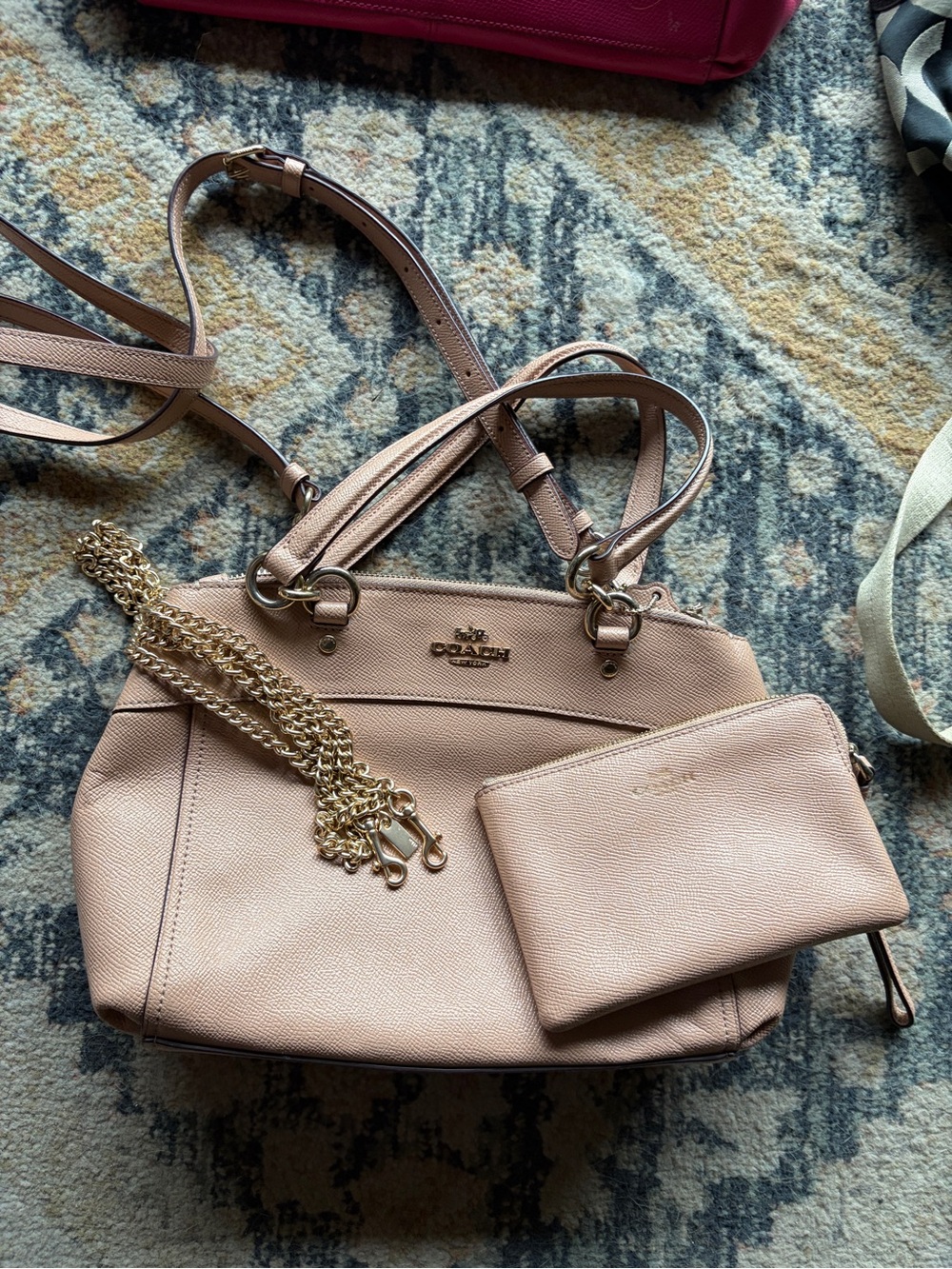 Coach Blush Pink Leather Shoulder Bag with Wristlet and Gold Chain
